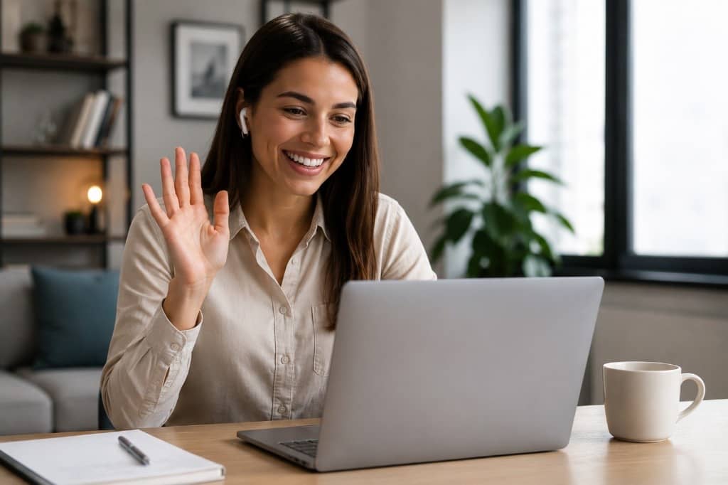 A job seeker smiling and waving during a video interview